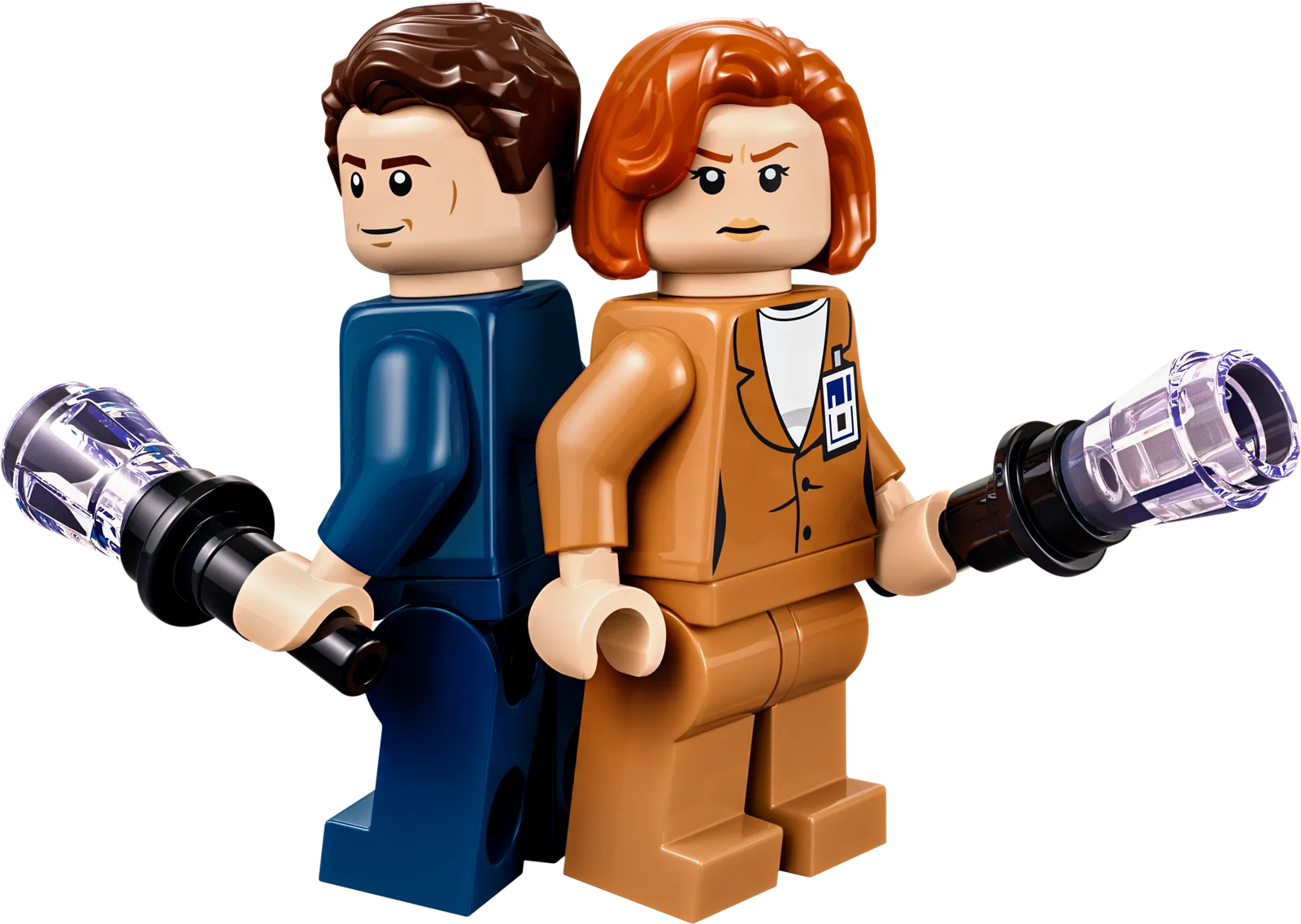 Minifigs van Fox Mulder en Dana Scully met zaklampen