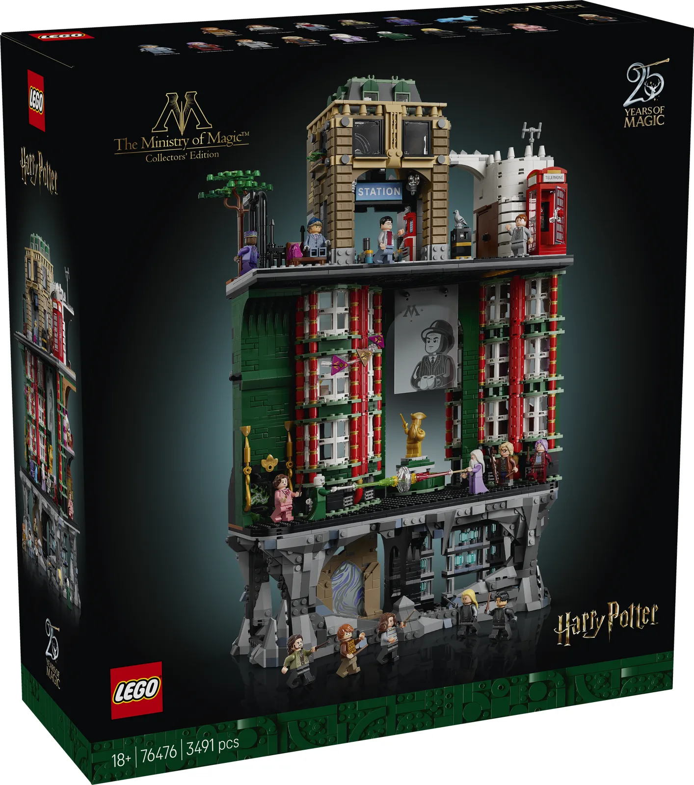 Doos van LEGO® Harry Potter™ The Ministry of Magic™ (76476) met 25 Years of Magic-logo